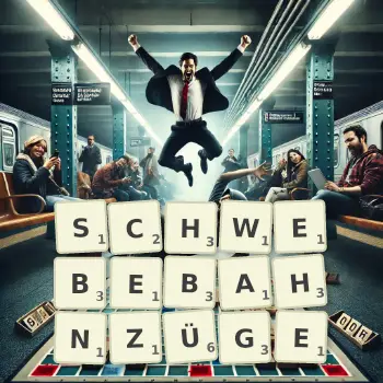 Kreative Illustration für ein Scrabble-Spiel, bei dem das Wort SCHWEBEBAHNZÜGE mit Steinen auf dem Brett gelegt wurde.