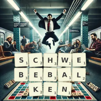 Kreative Illustration für ein Scrabble-Spiel, bei dem das Wort SCHWEBEBALKEN mit Steinen auf dem Brett gelegt wurde.