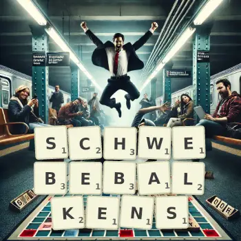 Kreative Illustration für ein Scrabble-Spiel, bei dem das Wort SCHWEBEBALKENS mit Steinen auf dem Brett gelegt wurde.