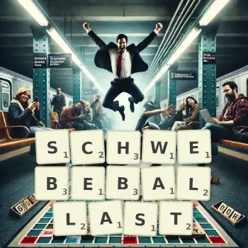 Kreative Illustration für ein Scrabble-Spiel, bei dem das Wort SCHWEBEBALLAST mit Steinen auf dem Brett gelegt wurde.