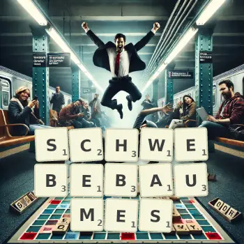 Kreative Illustration für ein Scrabble-Spiel, bei dem das Wort SCHWEBEBAUMES mit Steinen auf dem Brett gelegt wurde.