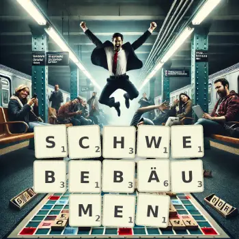 Kreative Illustration für ein Scrabble-Spiel, bei dem das Wort SCHWEBEBÄUMEN mit Steinen auf dem Brett gelegt wurde.