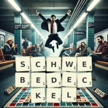 Kreative Illustration für ein Scrabble-Spiel, bei dem das Wort SCHWEBEDECKEL mit Steinen auf dem Brett gelegt wurde.