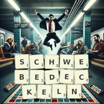 Kreative Illustration für ein Scrabble-Spiel, bei dem das Wort SCHWEBEDECKELN mit Steinen auf dem Brett gelegt wurde.