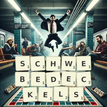 Kreative Illustration für ein Scrabble-Spiel, bei dem das Wort SCHWEBEDECKELS mit Steinen auf dem Brett gelegt wurde.