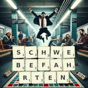 Kreative Illustration für ein Scrabble-Spiel, bei dem das Wort SCHWEBEFAHRTEN mit Steinen auf dem Brett gelegt wurde.