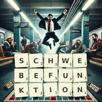 Kreative Illustration für ein Scrabble-Spiel, bei dem das Wort SCHWEBEFUNKTION mit Steinen auf dem Brett gelegt wurde.