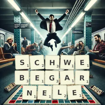 Kreative Illustration für ein Scrabble-Spiel, bei dem das Wort SCHWEBEGARNELE mit Steinen auf dem Brett gelegt wurde.