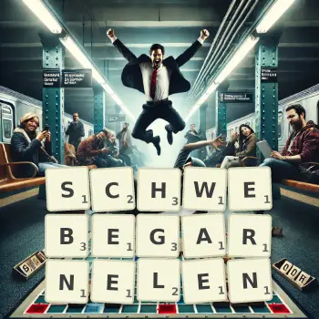 Kreative Illustration für ein Scrabble-Spiel, bei dem das Wort SCHWEBEGARNELEN mit Steinen auf dem Brett gelegt wurde.