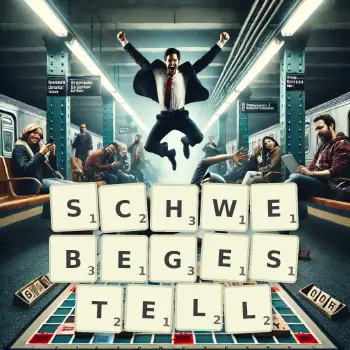 Kreative Illustration für ein Scrabble-Spiel, bei dem das Wort SCHWEBEGESTELL mit Steinen auf dem Brett gelegt wurde.