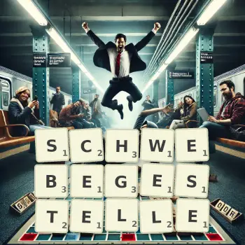 Kreative Illustration für ein Scrabble-Spiel, bei dem das Wort SCHWEBEGESTELLE mit Steinen auf dem Brett gelegt wurde.