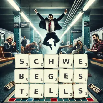 Kreative Illustration für ein Scrabble-Spiel, bei dem das Wort SCHWEBEGESTELLS mit Steinen auf dem Brett gelegt wurde.