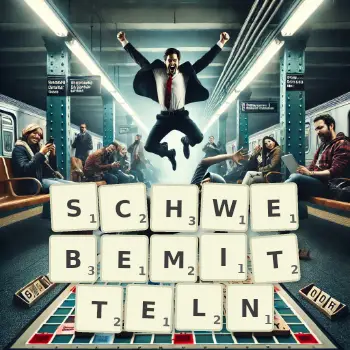Kreative Illustration für ein Scrabble-Spiel, bei dem das Wort SCHWEBEMITTELN mit Steinen auf dem Brett gelegt wurde.
