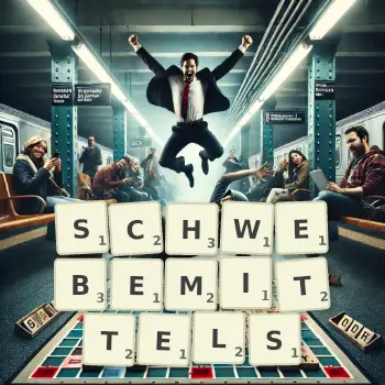 Kreative Illustration für ein Scrabble-Spiel, bei dem das Wort SCHWEBEMITTELS mit Steinen auf dem Brett gelegt wurde.