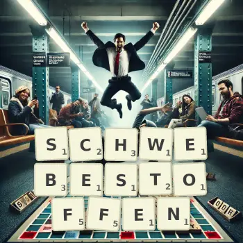 Kreative Illustration für ein Scrabble-Spiel, bei dem das Wort SCHWEBESTOFFEN mit Steinen auf dem Brett gelegt wurde.