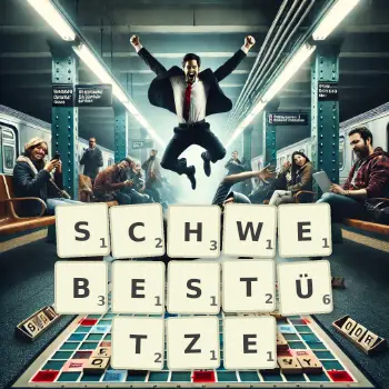 Kreative Illustration für ein Scrabble-Spiel, bei dem das Wort SCHWEBESTÜTZE mit Steinen auf dem Brett gelegt wurde.
