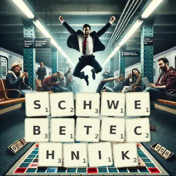 Kreative Illustration für ein Scrabble-Spiel, bei dem das Wort SCHWEBETECHNIK mit Steinen auf dem Brett gelegt wurde.