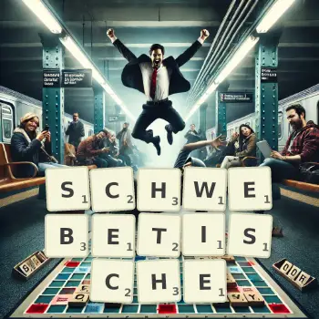 Kreative Illustration für ein Scrabble-Spiel, bei dem das Wort SCHWEBETISCHE mit Steinen auf dem Brett gelegt wurde.