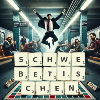 Kreative Illustration für ein Scrabble-Spiel, bei dem das Wort SCHWEBETISCHEN mit Steinen auf dem Brett gelegt wurde.