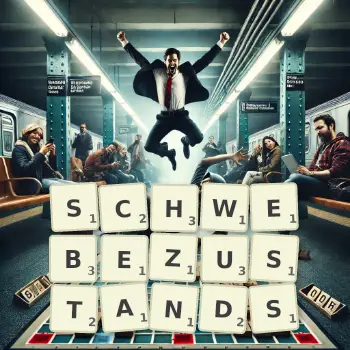 Kreative Illustration für ein Scrabble-Spiel, bei dem das Wort SCHWEBEZUSTANDS mit Steinen auf dem Brett gelegt wurde.