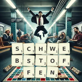 Kreative Illustration für ein Scrabble-Spiel, bei dem das Wort SCHWEBSTOFFEN mit Steinen auf dem Brett gelegt wurde.