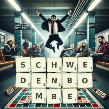Kreative Illustration für ein Scrabble-Spiel, bei dem das Wort SCHWEDENBOMBE mit Steinen auf dem Brett gelegt wurde.