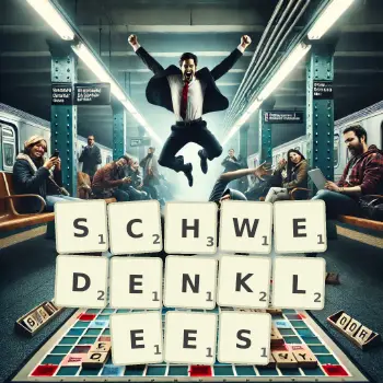 Kreative Illustration für ein Scrabble-Spiel, bei dem das Wort SCHWEDENKLEES mit Steinen auf dem Brett gelegt wurde.