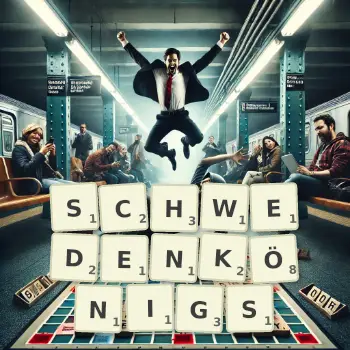 Kreative Illustration für ein Scrabble-Spiel, bei dem das Wort SCHWEDENKÖNIGS mit Steinen auf dem Brett gelegt wurde.