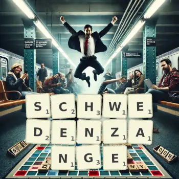 Kreative Illustration für ein Scrabble-Spiel, bei dem das Wort SCHWEDENZANGE mit Steinen auf dem Brett gelegt wurde.