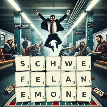 Kreative Illustration für ein Scrabble-Spiel, bei dem das Wort SCHWEFELANEMONE mit Steinen auf dem Brett gelegt wurde.