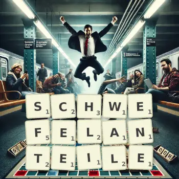 Kreative Illustration für ein Scrabble-Spiel, bei dem das Wort SCHWEFELANTEILE mit Steinen auf dem Brett gelegt wurde.