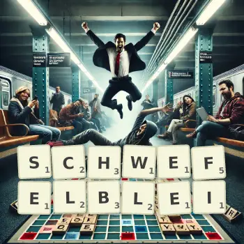 Kreative Illustration für ein Scrabble-Spiel, bei dem das Wort SCHWEFELBLEI mit Steinen auf dem Brett gelegt wurde.