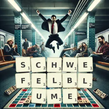 Kreative Illustration für ein Scrabble-Spiel, bei dem das Wort SCHWEFELBLUME mit Steinen auf dem Brett gelegt wurde.