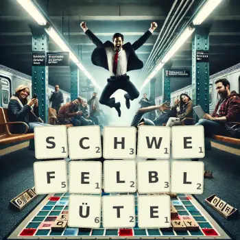Kreative Illustration für ein Scrabble-Spiel, bei dem das Wort SCHWEFELBLÜTE mit Steinen auf dem Brett gelegt wurde.