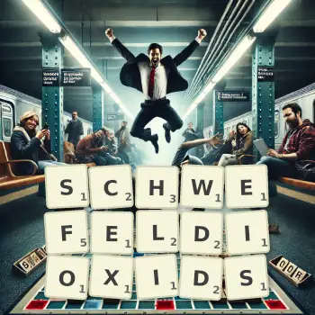 Kreative Illustration für ein Scrabble-Spiel, bei dem das Wort SCHWEFELDIOXIDS mit Steinen auf dem Brett gelegt wurde.