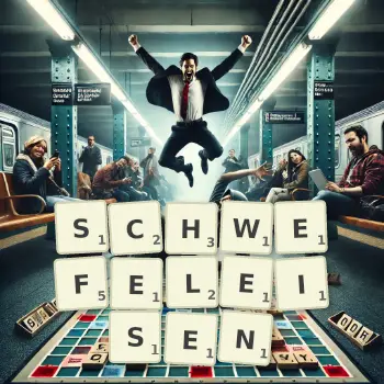 Kreative Illustration für ein Scrabble-Spiel, bei dem das Wort SCHWEFELEISEN mit Steinen auf dem Brett gelegt wurde.