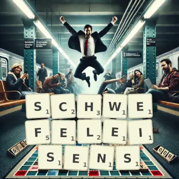 Kreative Illustration für ein Scrabble-Spiel, bei dem das Wort SCHWEFELEISENS mit Steinen auf dem Brett gelegt wurde.