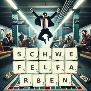 Kreative Illustration für ein Scrabble-Spiel, bei dem das Wort SCHWEFELFARBEN mit Steinen auf dem Brett gelegt wurde.