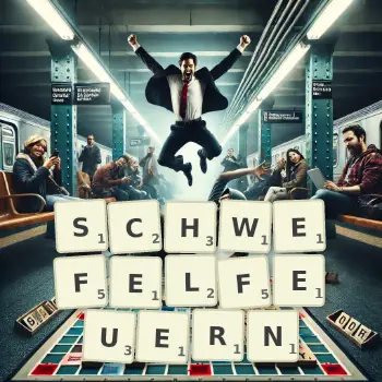 Kreative Illustration für ein Scrabble-Spiel, bei dem das Wort SCHWEFELFEUERN mit Steinen auf dem Brett gelegt wurde.