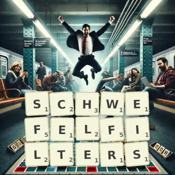 Kreative Illustration für ein Scrabble-Spiel, bei dem das Wort SCHWEFELFILTERS mit Steinen auf dem Brett gelegt wurde.