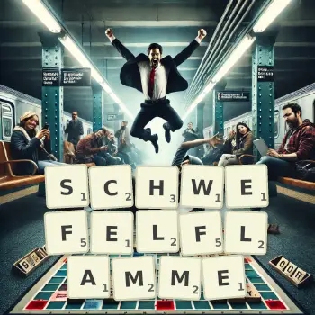 Kreative Illustration für ein Scrabble-Spiel, bei dem das Wort SCHWEFELFLAMME mit Steinen auf dem Brett gelegt wurde.