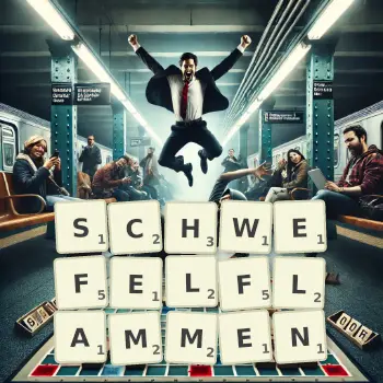 Kreative Illustration für ein Scrabble-Spiel, bei dem das Wort SCHWEFELFLAMMEN mit Steinen auf dem Brett gelegt wurde.