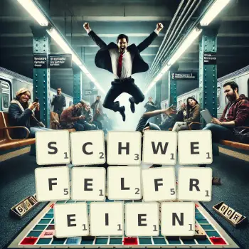 Kreative Illustration für ein Scrabble-Spiel, bei dem das Wort SCHWEFELFREIEN mit Steinen auf dem Brett gelegt wurde.