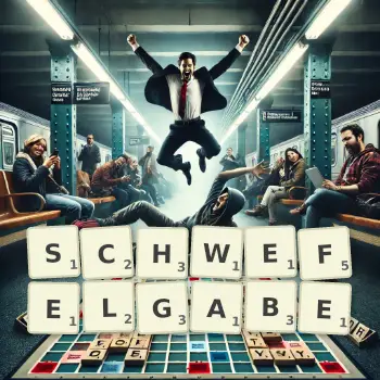 Kreative Illustration für ein Scrabble-Spiel, bei dem das Wort SCHWEFELGABE mit Steinen auf dem Brett gelegt wurde.