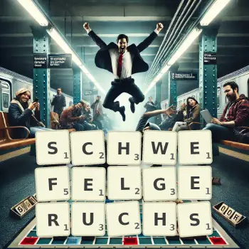 Kreative Illustration für ein Scrabble-Spiel, bei dem das Wort SCHWEFELGERUCHS mit Steinen auf dem Brett gelegt wurde.