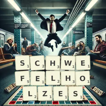 Kreative Illustration für ein Scrabble-Spiel, bei dem das Wort SCHWEFELHOLZES mit Steinen auf dem Brett gelegt wurde.
