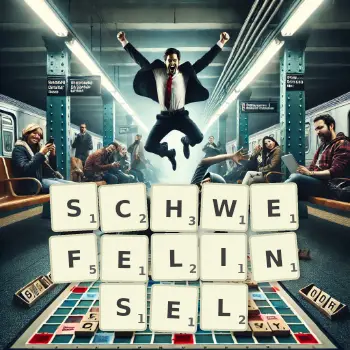 Kreative Illustration für ein Scrabble-Spiel, bei dem das Wort SCHWEFELINSEL mit Steinen auf dem Brett gelegt wurde.