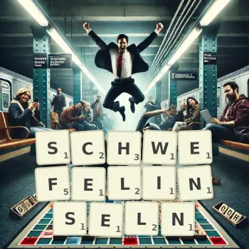 Kreative Illustration für ein Scrabble-Spiel, bei dem das Wort SCHWEFELINSELN mit Steinen auf dem Brett gelegt wurde.