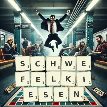 Kreative Illustration für ein Scrabble-Spiel, bei dem das Wort SCHWEFELKIESEN mit Steinen auf dem Brett gelegt wurde.