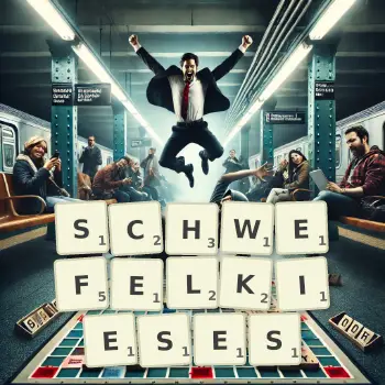 Kreative Illustration für ein Scrabble-Spiel, bei dem das Wort SCHWEFELKIESES mit Steinen auf dem Brett gelegt wurde.